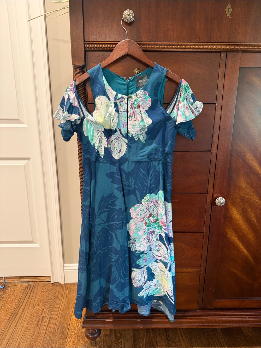 Maeve Teal Floral Cold-Shoulder Midi Dress with Pastel Blooms